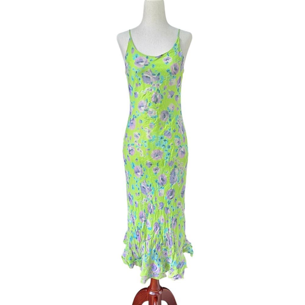 Euro Silk Midi Dress Green Floral Fairycore - Size Small - Picture 9 of 9